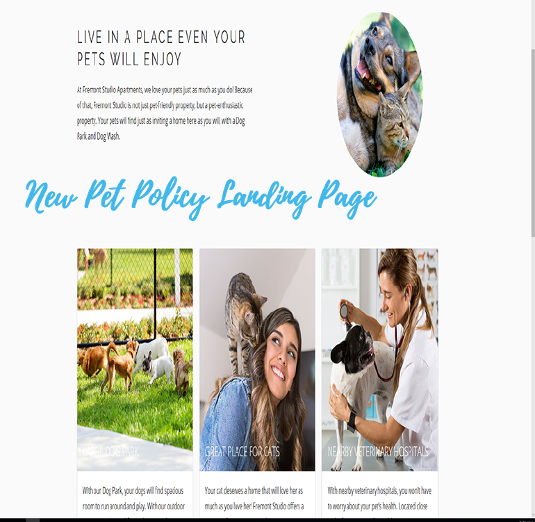 New Web Design for Apartments has Pet Policy page