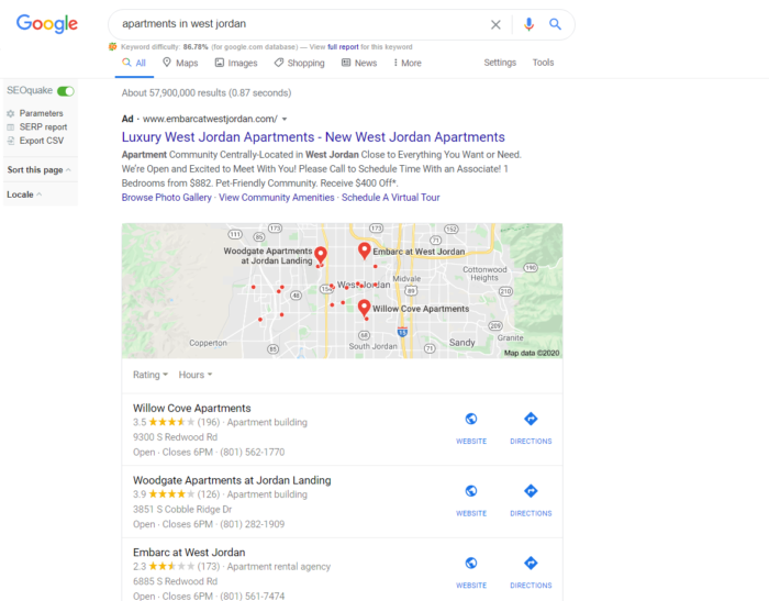 An example of apartment marketing using a Google Search of Apartments in West Jordan. 
