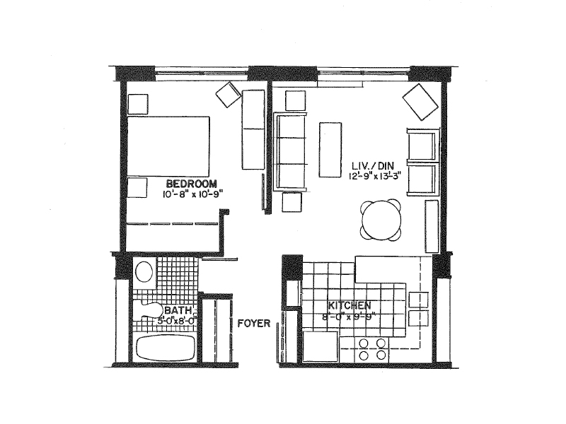 1 Bedroom 1 Bathroom floorplan at Walsh Park