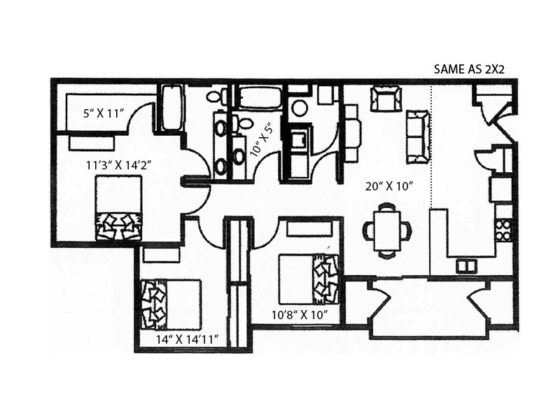 3 Bedroom 2 Bathroom T floorplan
