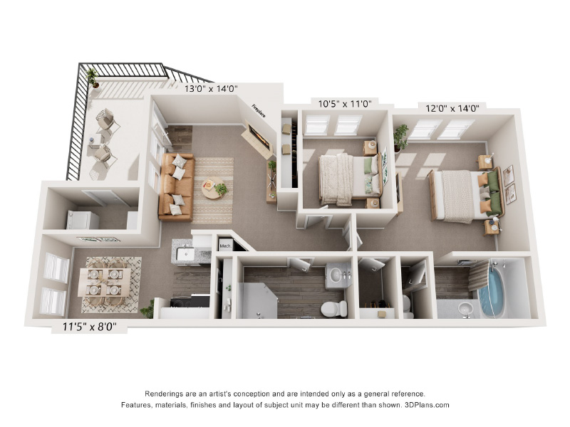 2 Bed 2 Bath floorplan at Village of Santo Domingo