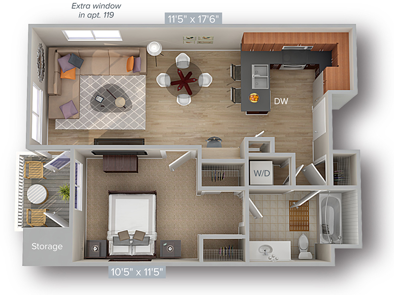 1 Bed 1 Bath 674 floorplan at The Thomas