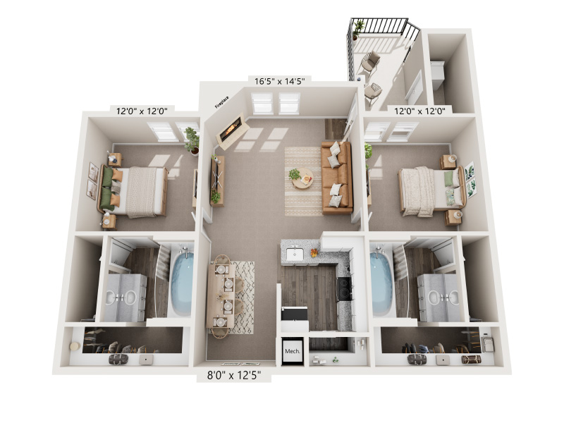 2 Bed 2 Bath Roommate Style floorplan at Village of Santo Domingo