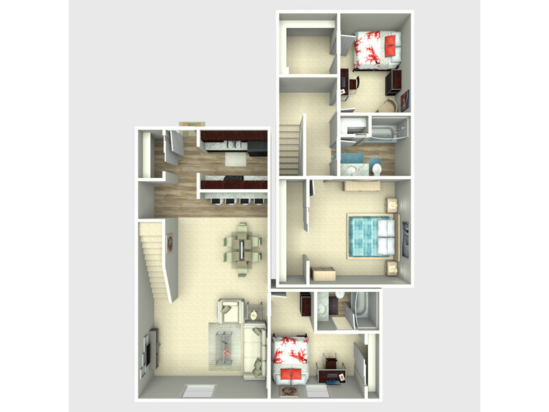 3 Bed 2 Bath 1373 floorplan at Kingston Point Apartments