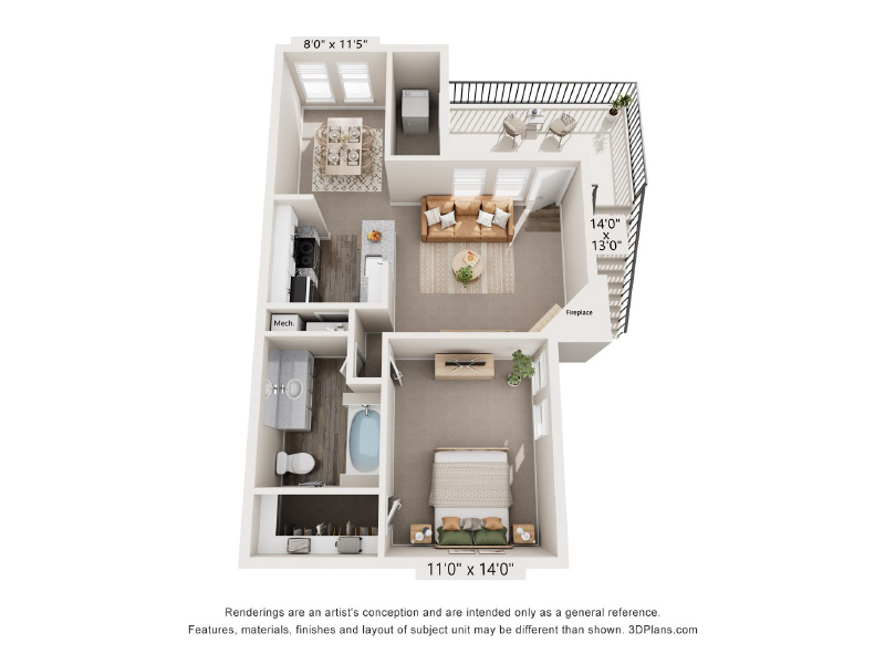 1 Bed 1 Bath floorplan at Village of Santo Domingo