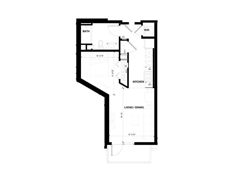 Studio D floorplan at Volta on Pine