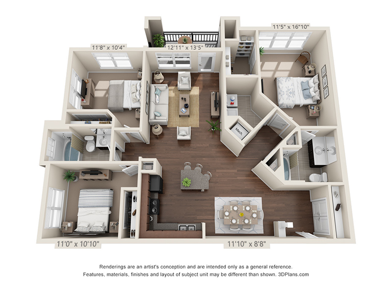 3x2-1410 floorplan at The Crest at Brier Creek