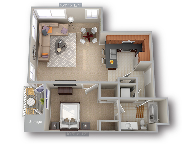 1 Bed 1 Bath 767 floorplan at The Thomas