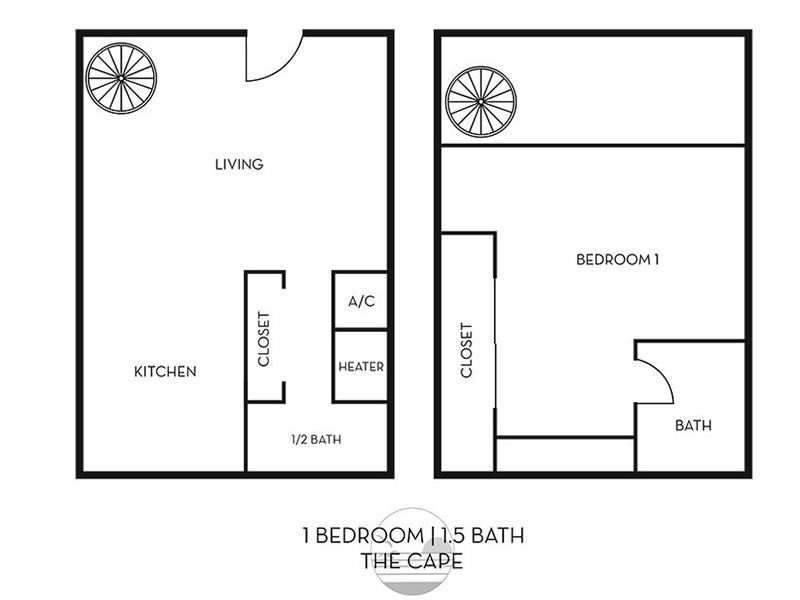 1x1.5 floorplan at The Cape