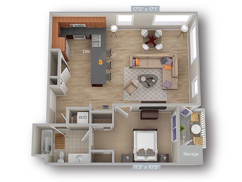 1 Bed 1 Bath 826 floorplan at The Thomas