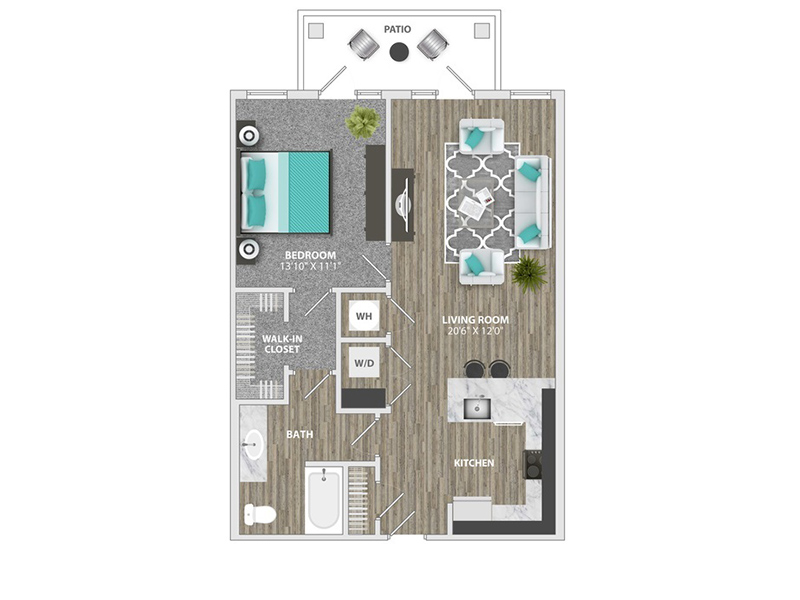 1 Bed, 1 Bath floorplan at Willows at the University