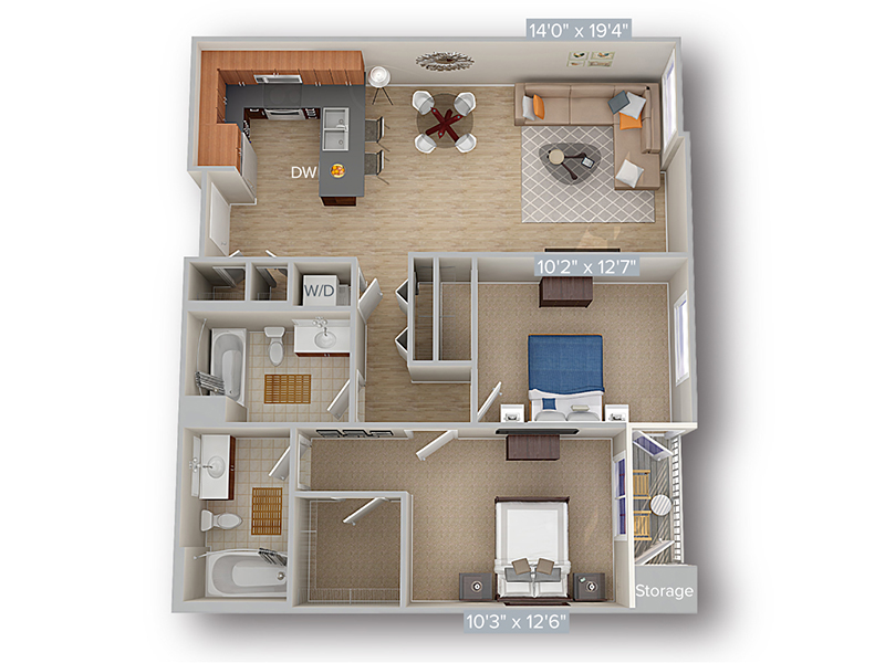 2 Bed 2 Bath 1057 floorplan at The Thomas