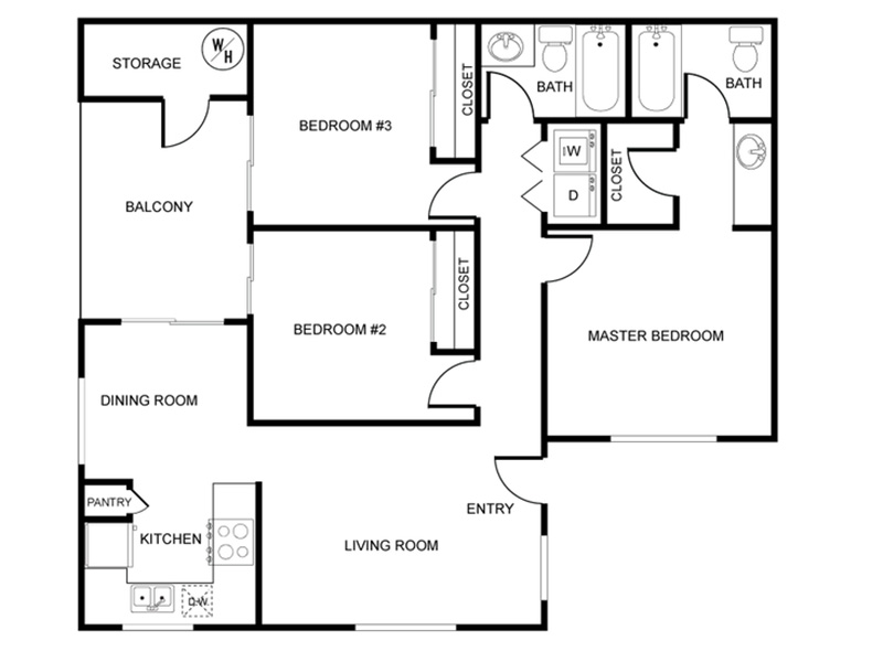 3x2 U WD floorplan at The Madison