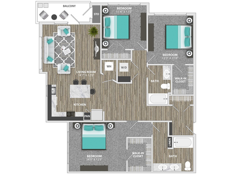 3 Beds, 2 Baths floorplan at Willows at the University