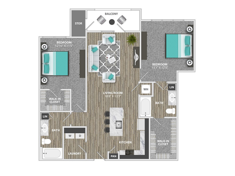 2 Beds, 2 Baths floorplan at Willows at the University