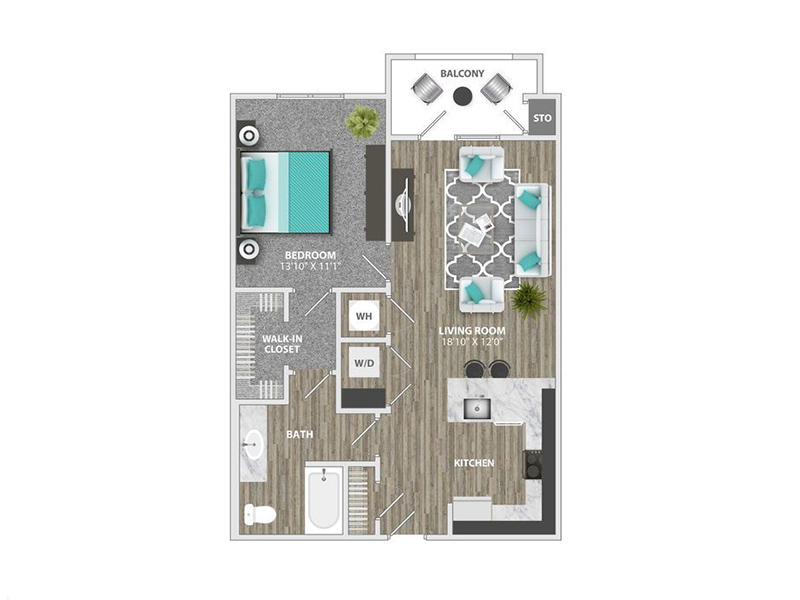 1 Bed, 1 Bath A1B