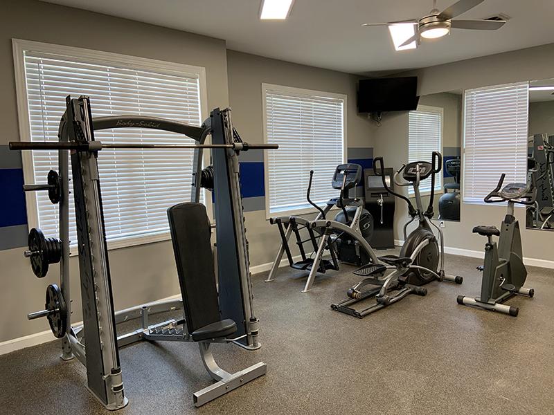 Kettlebells and dumbbells at the gym in Bridgewater at Town Center Apartments in Hampton.