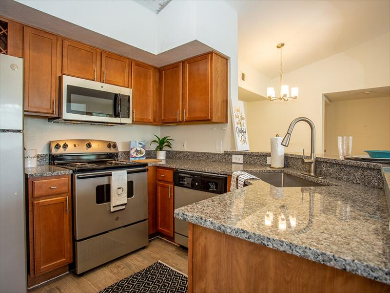 Model kitchen with stainless steel appliances and wood-style floors in each Brendon, Fl rental apartment
