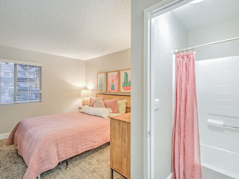 Bedroom and Bathroom | Mojave Flats | Apartments in Las Vegas