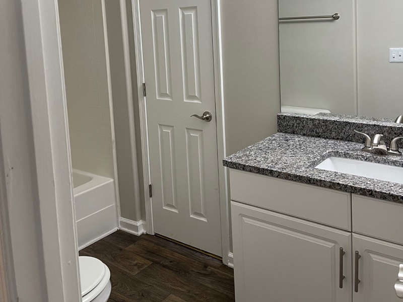 A model bathroom with wood-style flooring, tub shower, toilet and vanity sink at The Lakes at Town Center Apartments.