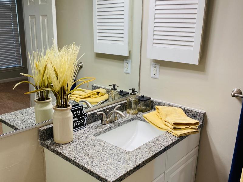 A mirrored vanity in the bathroom at The Lakes at Town Center Apartments in Hampton.