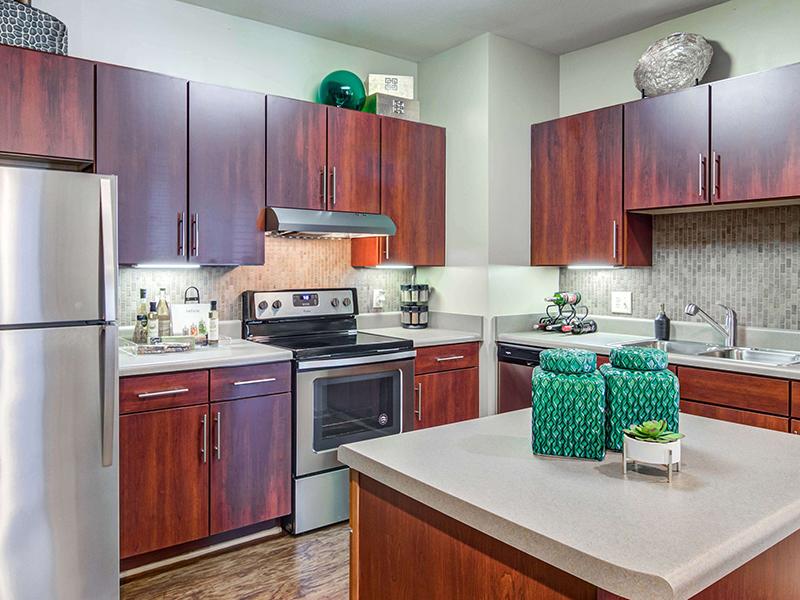 Modern stainless steel appliances in the kitchen surround an island at Eagle's Brooke Apartments.