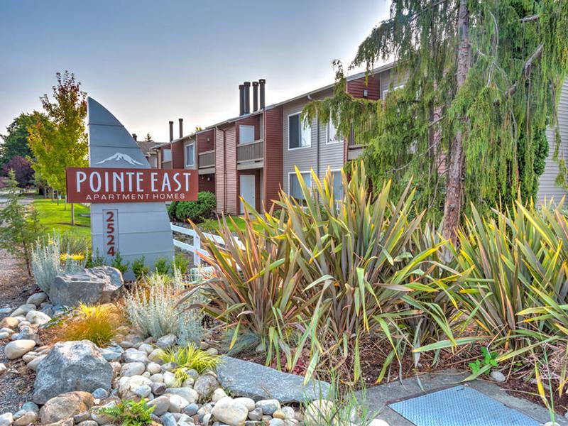 Exterior Welcome Sign | Pointe East Apartments in Fife WA 
