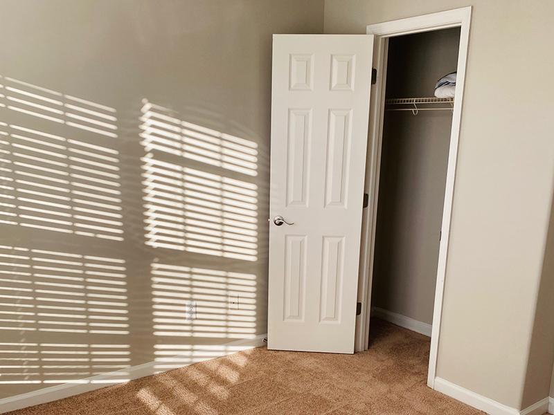 A carpeted bedroom and closet at The Lakes at Town Center Apartments in Hampton.