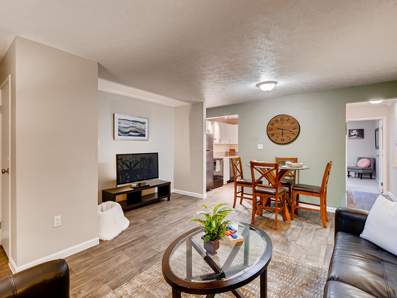 Front Room and Dining Area | The Atrii Apartments in Denver, CO