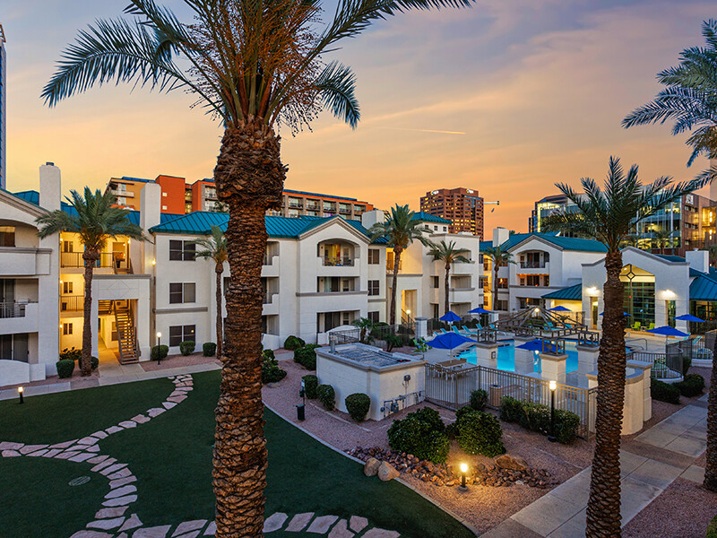 Aerial View - Twilight | The Met at 3rd and Fillmore Apartments in Phoenix, AZ