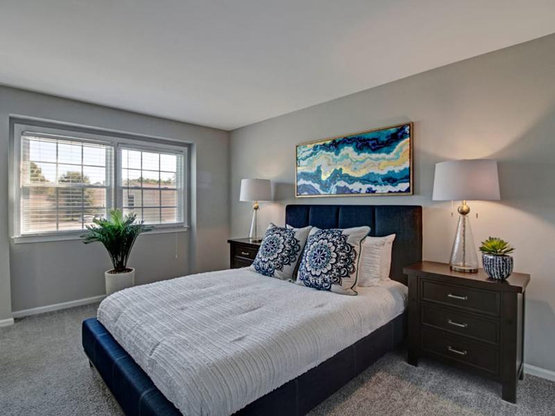 Carpeted bedroom with 2 windows is furnished with a bed and 2 nightstands in Tech Center Apartments in Newport News.