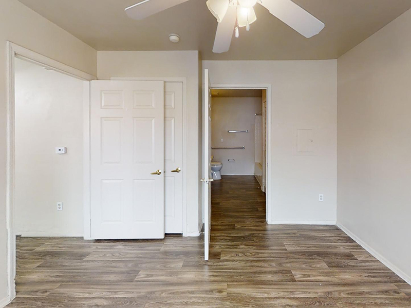 Bedroom and Bathroom | Sunrise Senior Village Apartments in Las Vegas, NV