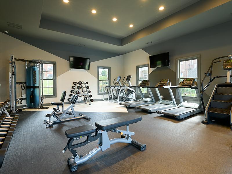The gym at Colton Creek Apartments in McDonough has weights and cardio equipment.
