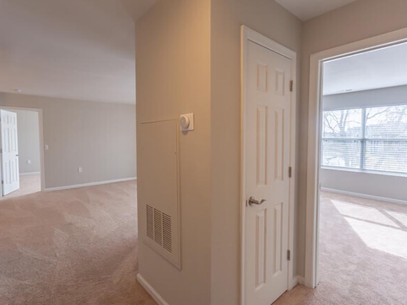 Wall-to-wall carpeting in the hallway at Bridgewater at Town Center Apartments in Hampton.