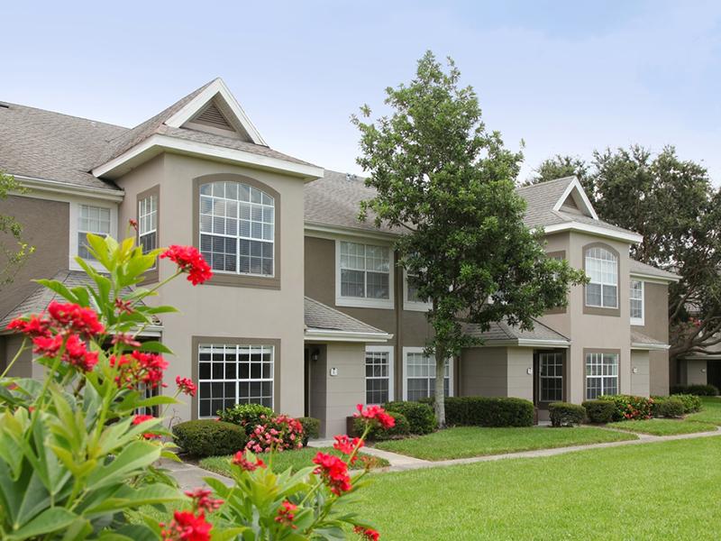 Landscaped pathways around the apartments at Providence Lakes.