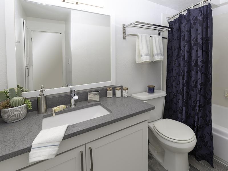 Salt Lake City, UT Apartments for Rent - Foothill Place Apartments Bathroom with a Large Vanity, Stainless Steel Fixtures, and Garden Tub