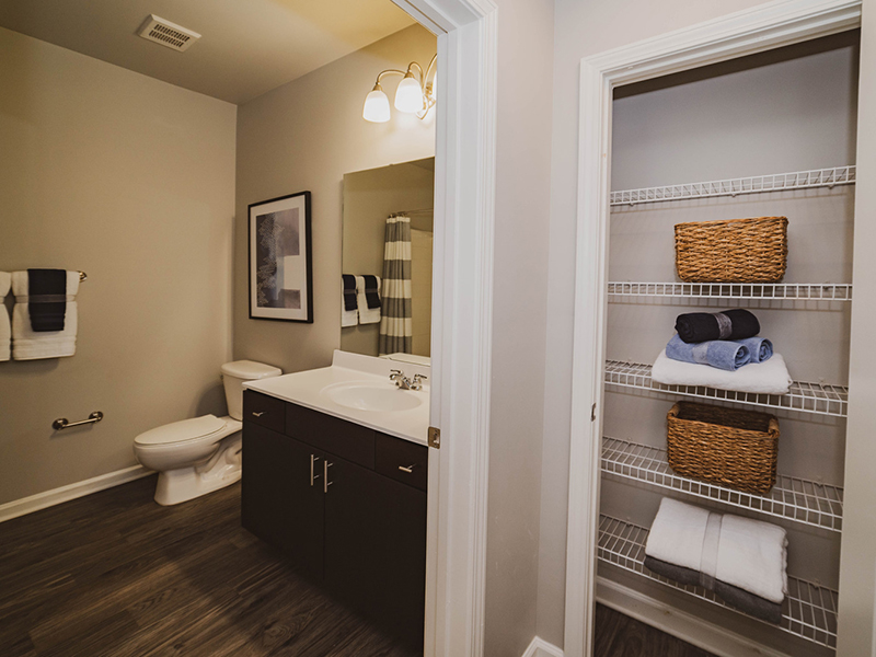 Bathroom and Linen Closet | Reserve at Stone Hollow Apartments in Charlotte, NC