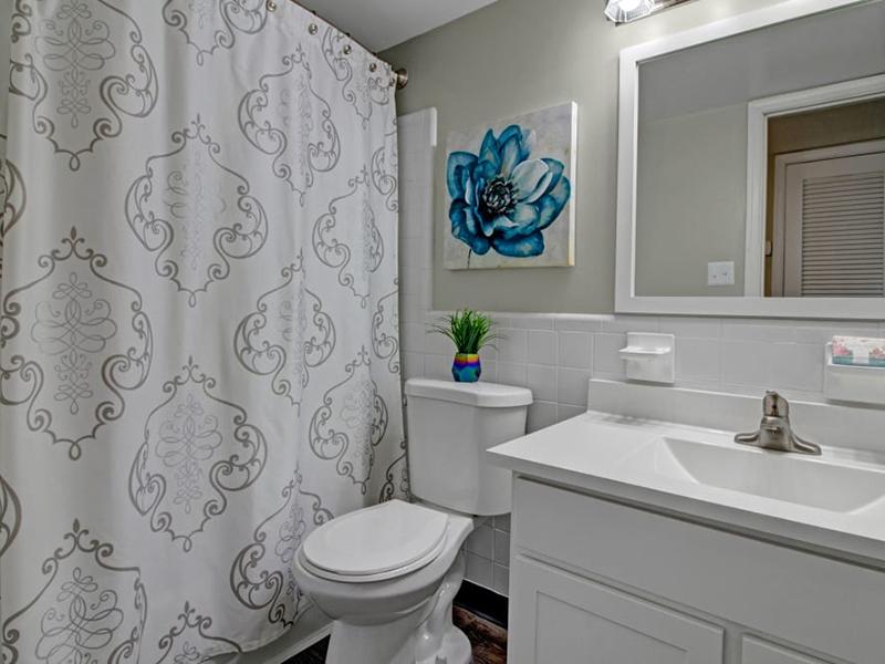 Apartment bedroom has a tub shower, toilet and vanity sink at Tech Center Apartments in Newport News.