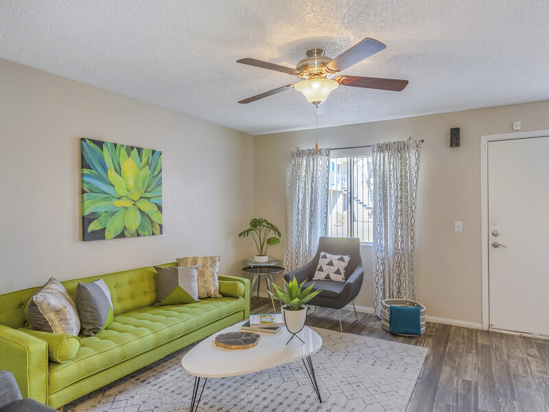 Living Room with a Ceiling Fan | Omnia on 8th Apartments in Tempe, AZ