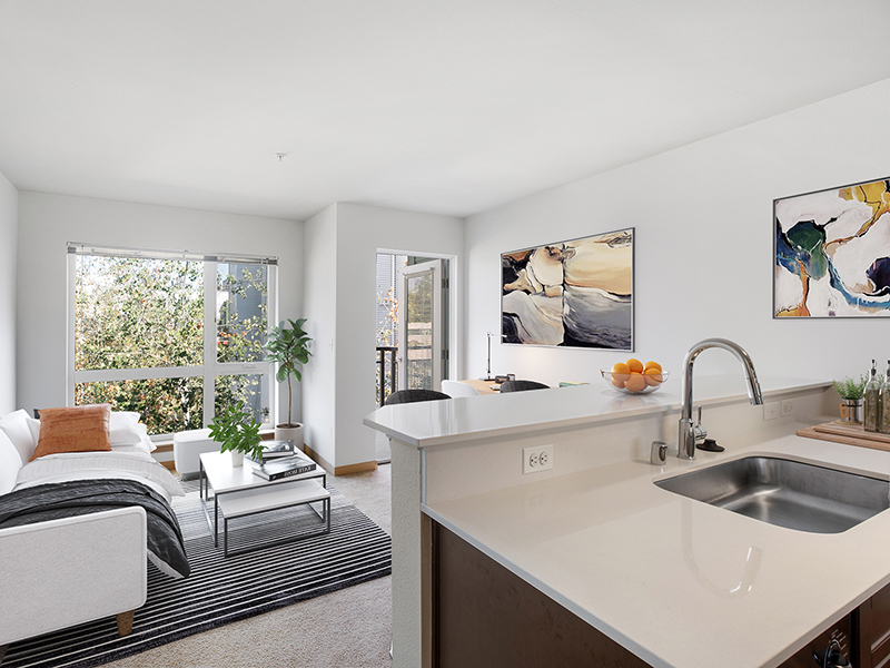 Kitchen and Living Room | 999 Hiawatha Apartments in Seattle, WA