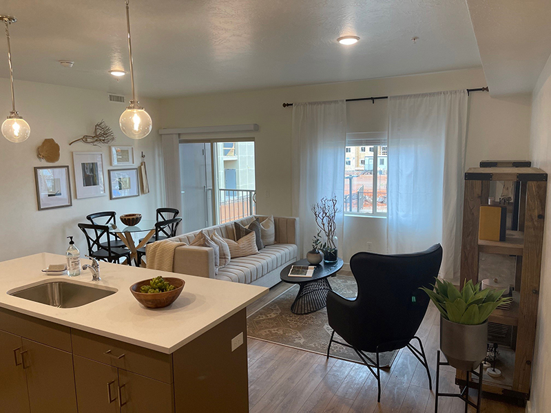 Kitchen and Front Room | Sky at Brio Senior Living Apartments