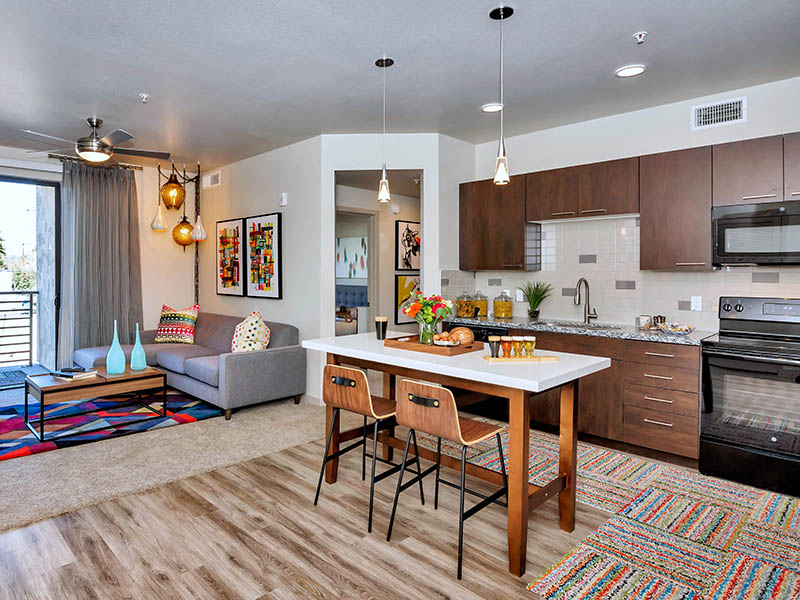 Open Kitchen and Living Room | The Curve at Melrose Apartments in Phoenix, AZ
